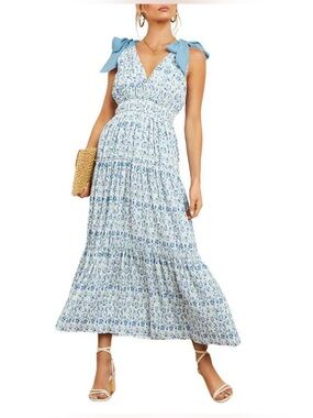 Summer Blue Floral Tie-Shoulder Maxi Dress
